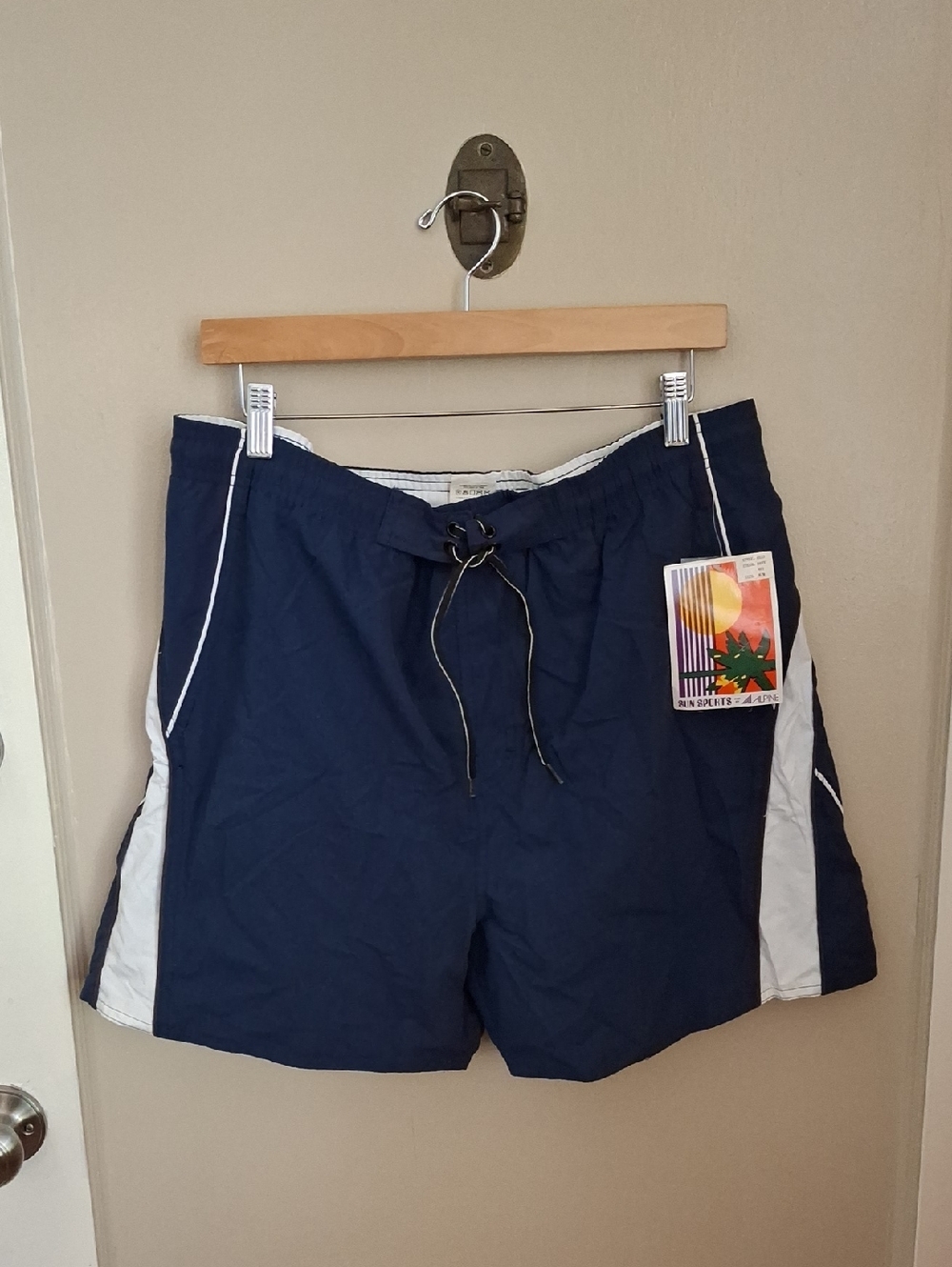 Vintage NWT Alpine Men's Navy Blue Swim Shorts with White Side Panels_1